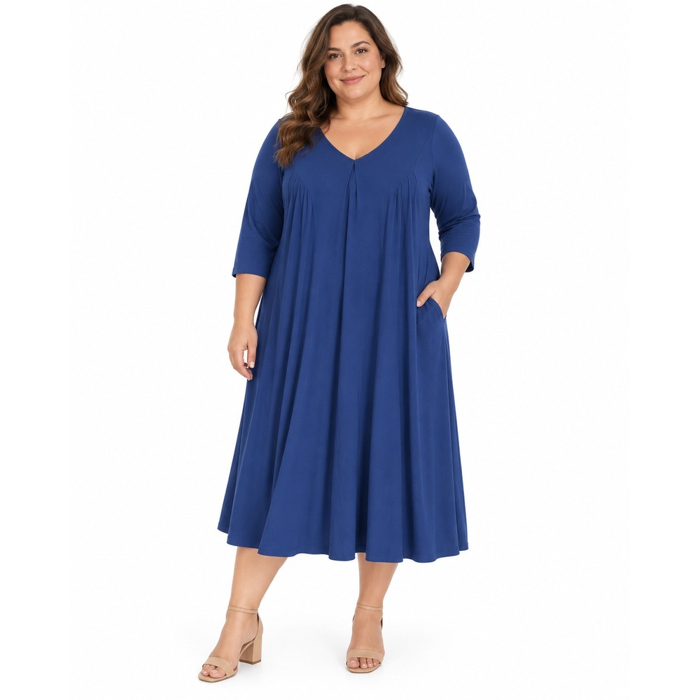 Jessica London Blue Empire Waist V-Neck Tie Midi Dress Plus Size 24W 3/4 Sleeve